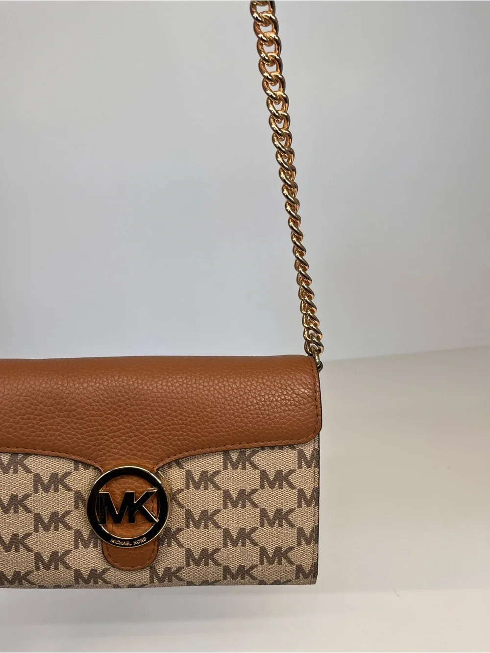 Michael Kors Tan/Brown MK Logo Chain Strap Crossbody